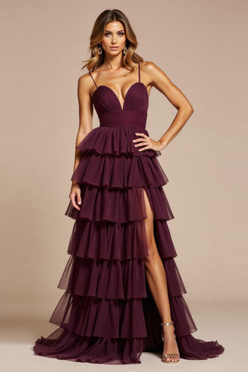 Purple A Line Tiered V-Neck Long Tulle Prom Dress with Slit