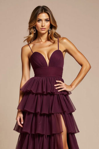 Purple A Line Tiered V-Neck Long Tulle Prom Dress with Slit