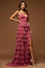 Load image into Gallery viewer, Desert Rose A Line Tulle Tiered V-Neck Long Prom Dress with Slit