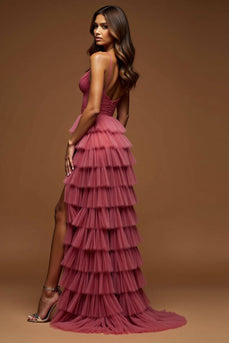 Desert Rose A Line Tulle Tiered V-Neck Long Prom Dress with Slit