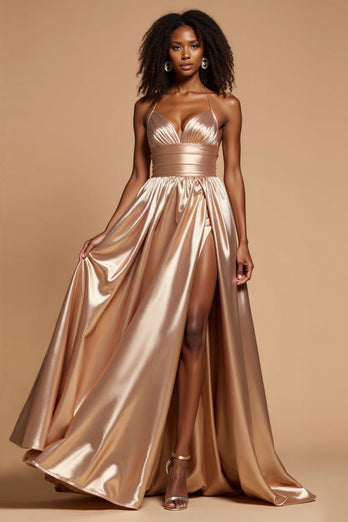 Golden A Line Pleated V-Neck Long Satin Prom Dress