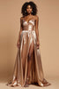 Load image into Gallery viewer, Golden A Line Pleated V-Neck Long Satin Prom Dress