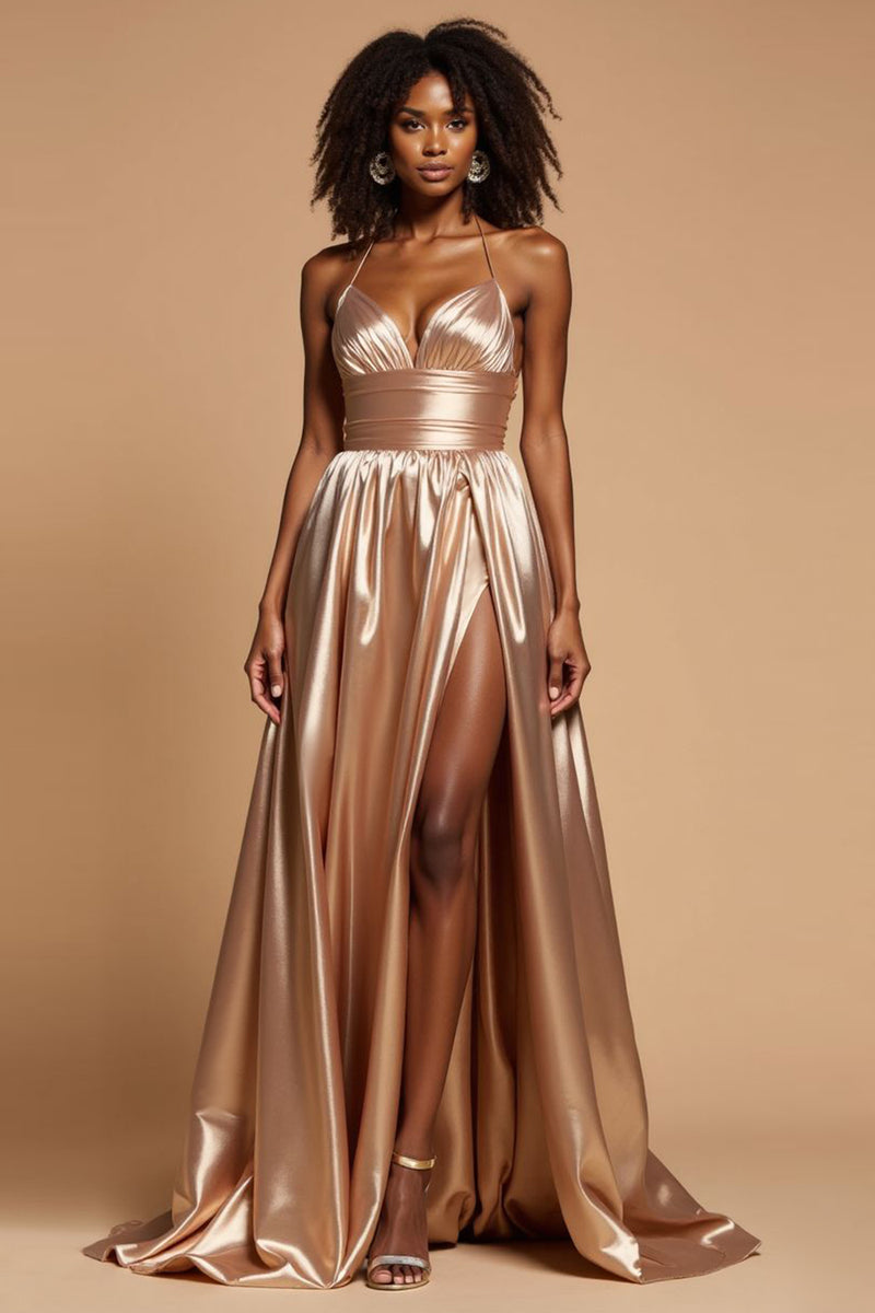 Load image into Gallery viewer, Golden A Line Pleated V-Neck Long Satin Prom Dress