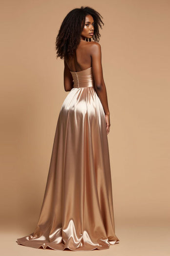 Golden A Line Pleated V-Neck Long Satin Prom Dress