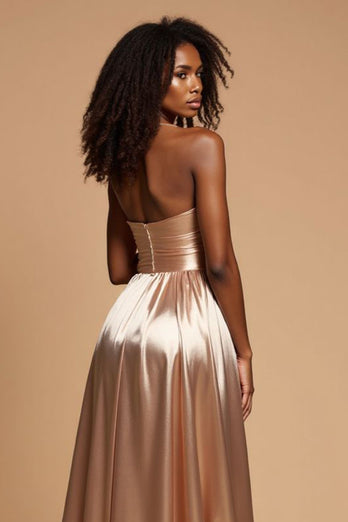 Golden A Line Pleated V-Neck Long Satin Prom Dress