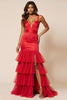 Load image into Gallery viewer, Red Sheath Tulle Tiered V-Neck Long Prom Dress