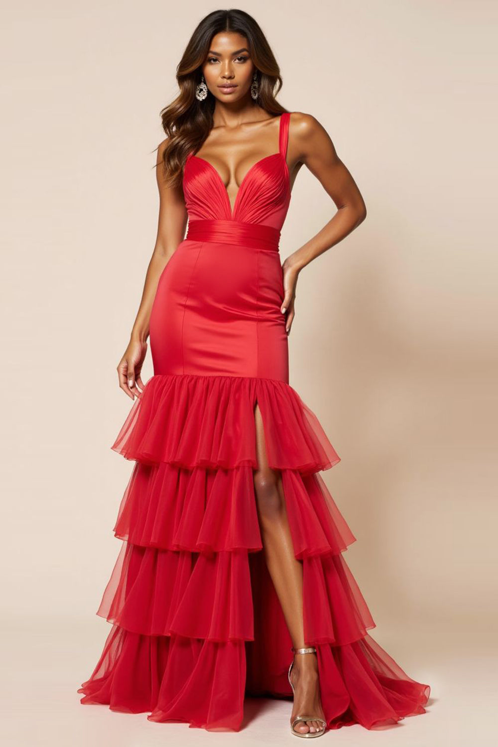 Red Sheath Tulle Tiered V-Neck Long Prom Dress