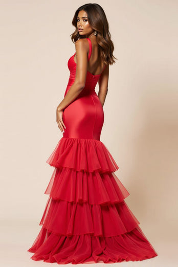 Red Sheath Tulle Tiered V-Neck Long Prom Dress