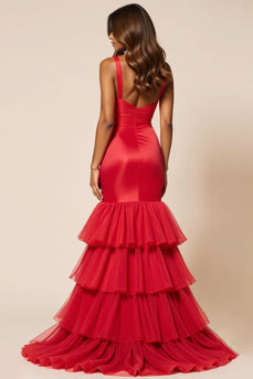 Red Sheath Tulle Tiered V-Neck Long Prom Dress