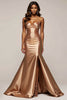 Load image into Gallery viewer, Golden Mermaid V-Neck Long Satin Prom Dress with Slit