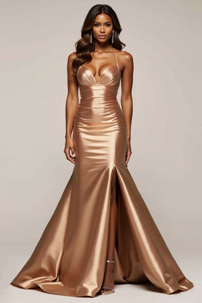 Golden Mermaid V-Neck Long Satin Prom Dress with Slit