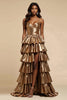 Load image into Gallery viewer, Metallic Golden A Line Satin Tiered V-Neck Long Prom Dress