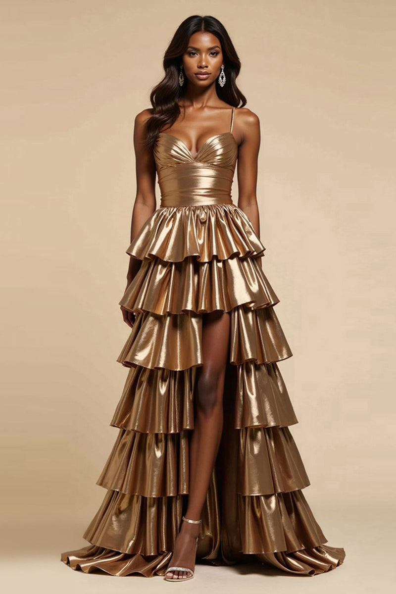 Load image into Gallery viewer, Metallic Golden A Line Satin Tiered V-Neck Long Prom Dress