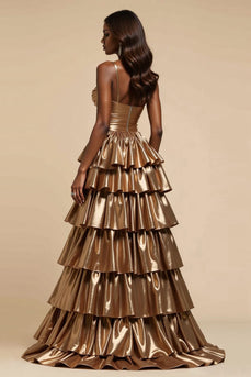 Metallic Golden A Line Satin Tiered V-Neck Long Prom Dress