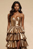 Load image into Gallery viewer, Metallic Golden A Line Satin Tiered V-Neck Long Prom Dress