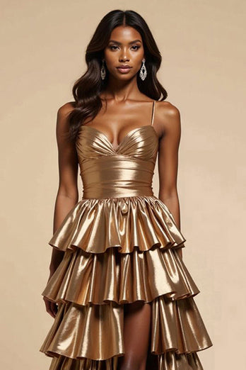 Metallic Golden A Line Satin Tiered V-Neck Long Prom Dress