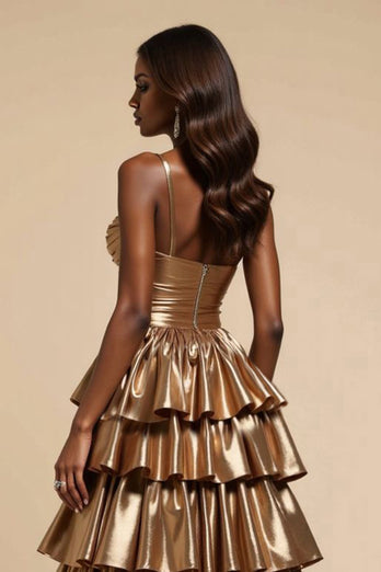 Metallic Golden A Line Satin Tiered V-Neck Long Prom Dress