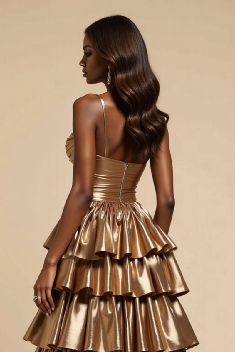 Load image into Gallery viewer, Metallic Golden A Line Satin Tiered V-Neck Long Prom Dress