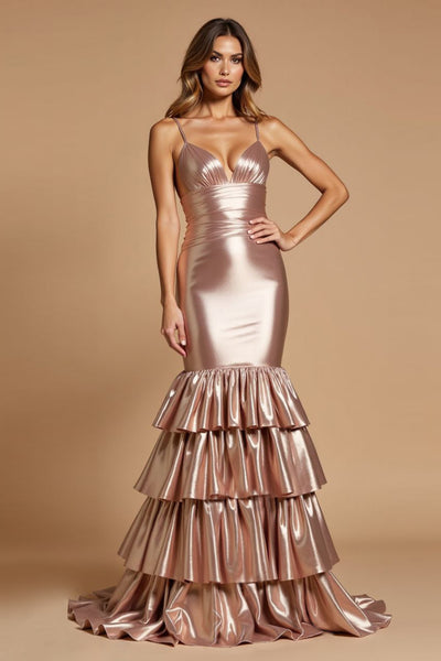 Sparkly Rose Gold Mermaid Tiered V-Neck Long Prom Dress