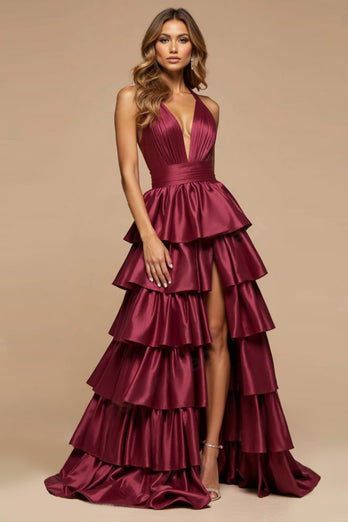 Burgundy A Line Tiered Deep V-Neck Long Satin Prom Dress with Slit