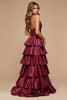 Load image into Gallery viewer, Burgundy A Line Tiered Deep V-Neck Long Satin Prom Dress with Slit