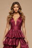 Load image into Gallery viewer, Burgundy A Line Tiered Deep V-Neck Long Satin Prom Dress with Slit