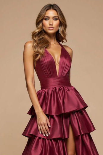 Burgundy A Line Tiered Deep V-Neck Long Satin Prom Dress with Slit