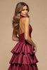 Load image into Gallery viewer, Burgundy A Line Tiered Deep V-Neck Long Satin Prom Dress with Slit