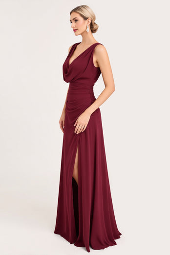 Burgundy A Line Chiffon V-Neck Long Bridesmaid Dress with Slit