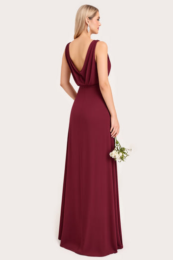 Burgundy A Line Chiffon V-Neck Long Bridesmaid Dress with Slit