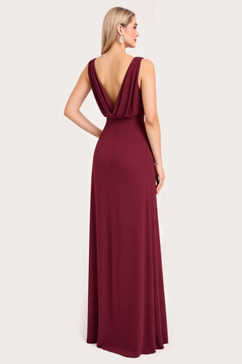 Burgundy A Line Chiffon V-Neck Long Bridesmaid Dress with Slit