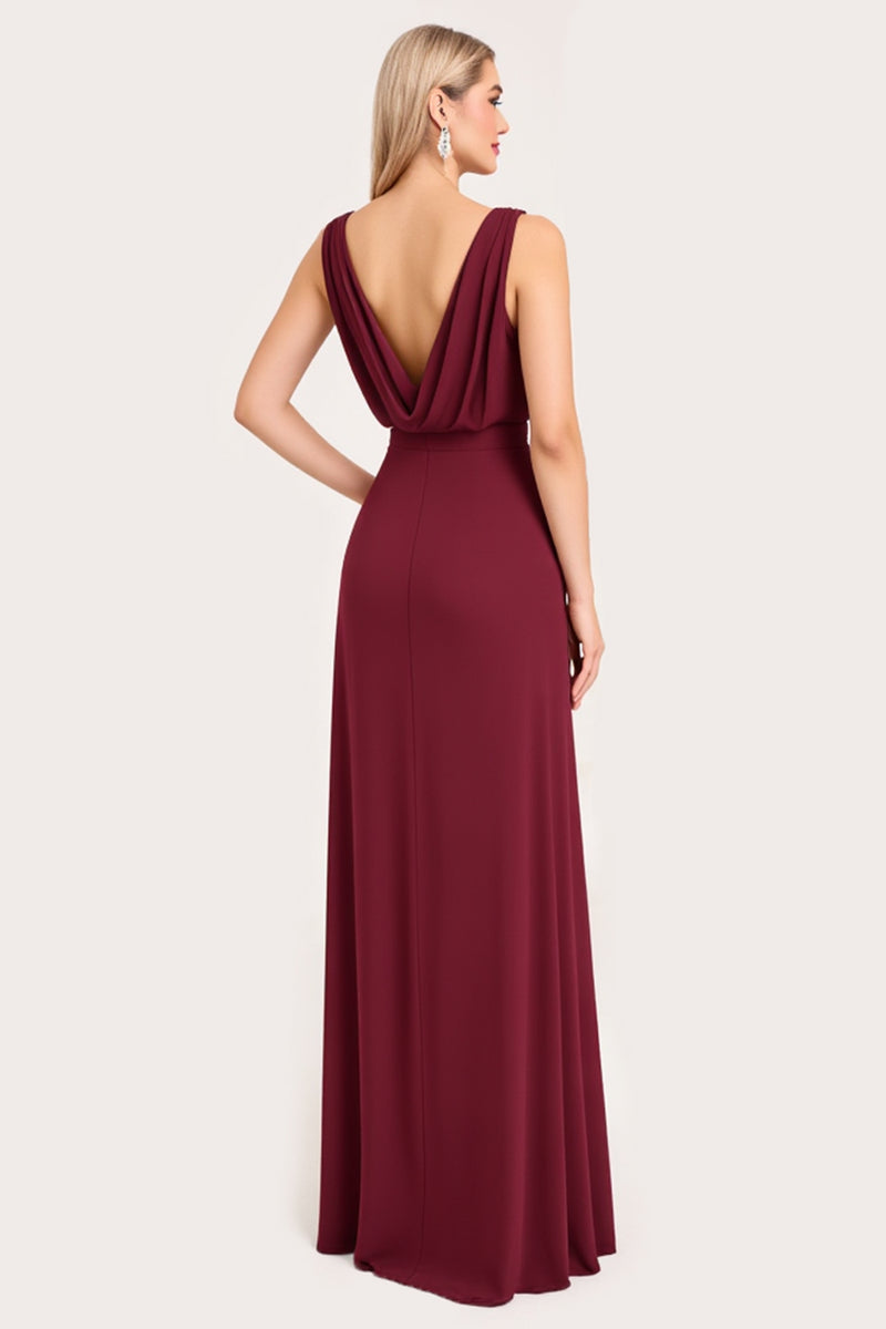 Load image into Gallery viewer, Burgundy A Line Chiffon V-Neck Long Bridesmaid Dress with Slit