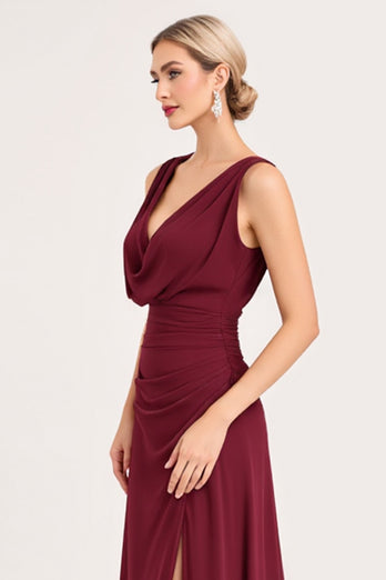 Burgundy A Line Chiffon V-Neck Long Bridesmaid Dress with Slit