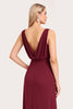 Load image into Gallery viewer, Burgundy A Line Chiffon V-Neck Long Bridesmaid Dress with Slit