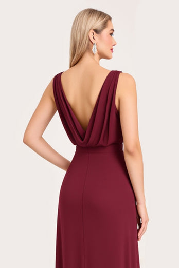 Burgundy A Line Chiffon V-Neck Long Bridesmaid Dress with Slit