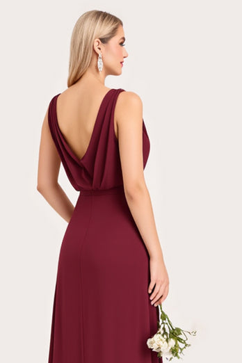 Burgundy A Line Chiffon V-Neck Long Bridesmaid Dress with Slit