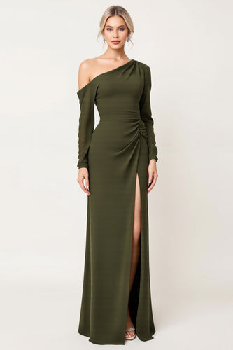 Olive Sheath Chiffon One Shoulder Long Bridesmaid Dress with Sleeves