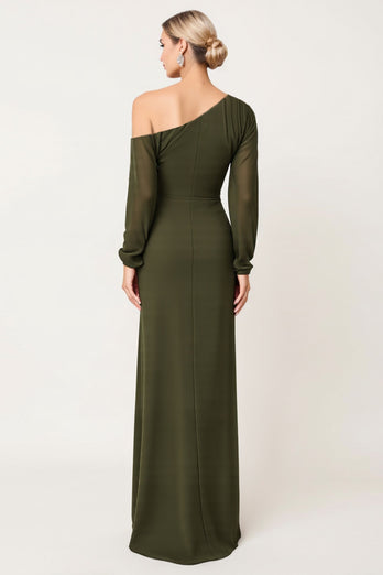 Olive Sheath Chiffon One Shoulder Long Bridesmaid Dress with Sleeves