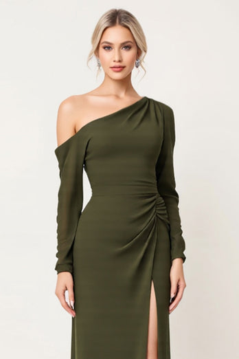 Olive Sheath Chiffon One Shoulder Long Bridesmaid Dress with Sleeves