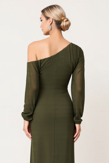 Olive Sheath Chiffon One Shoulder Long Bridesmaid Dress with Sleeves