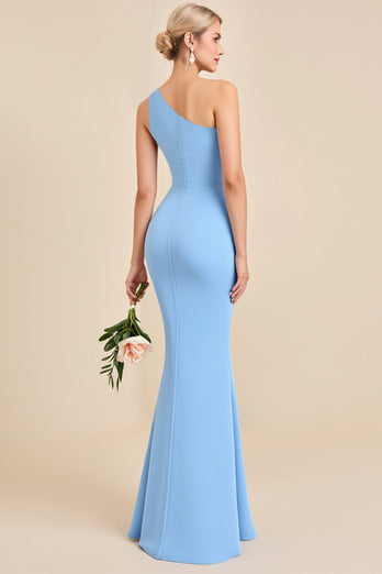 Sky Blue Sheath Chiffon One Shoulder Long Bridesmaid Dress