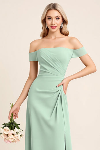 Mint Sheath Chiffon Strapless Off the Shoulder Long Bridesmaid Dress