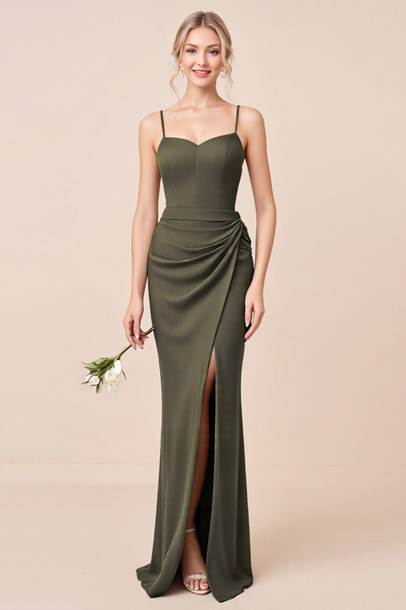 Load image into Gallery viewer, Olive Sheath Chiffon Corset Long Bridesmaid Dress with Slit