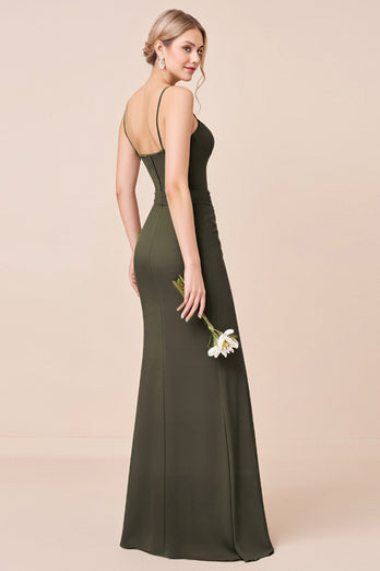 Olive Sheath Chiffon Corset Long Bridesmaid Dress with Slit