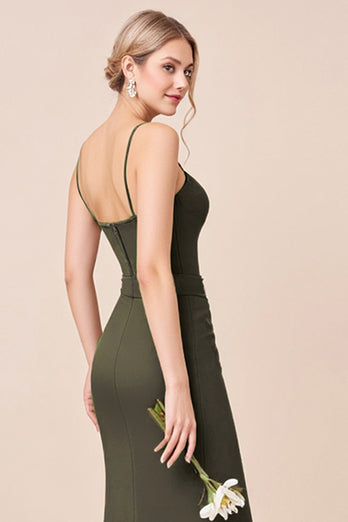 Olive Sheath Chiffon Corset Long Bridesmaid Dress with Slit