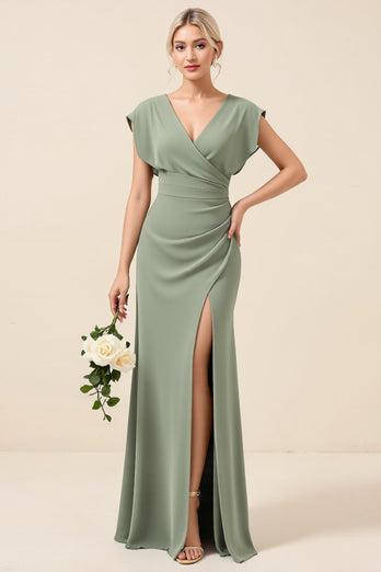 Eucalyptus Sheath Chiffon V-Neck Long Bridesmaid Dress with Slit