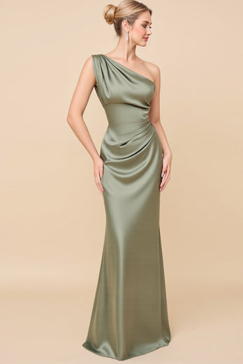 Eucalyptus Sheath Satin Ruched One Shoulder Long Bridesmaid Dress