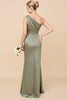 Load image into Gallery viewer, Eucalyptus Sheath Satin Ruched One Shoulder Long Bridesmaid Dress