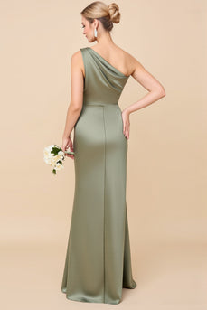 Eucalyptus Sheath Satin Ruched One Shoulder Long Bridesmaid Dress