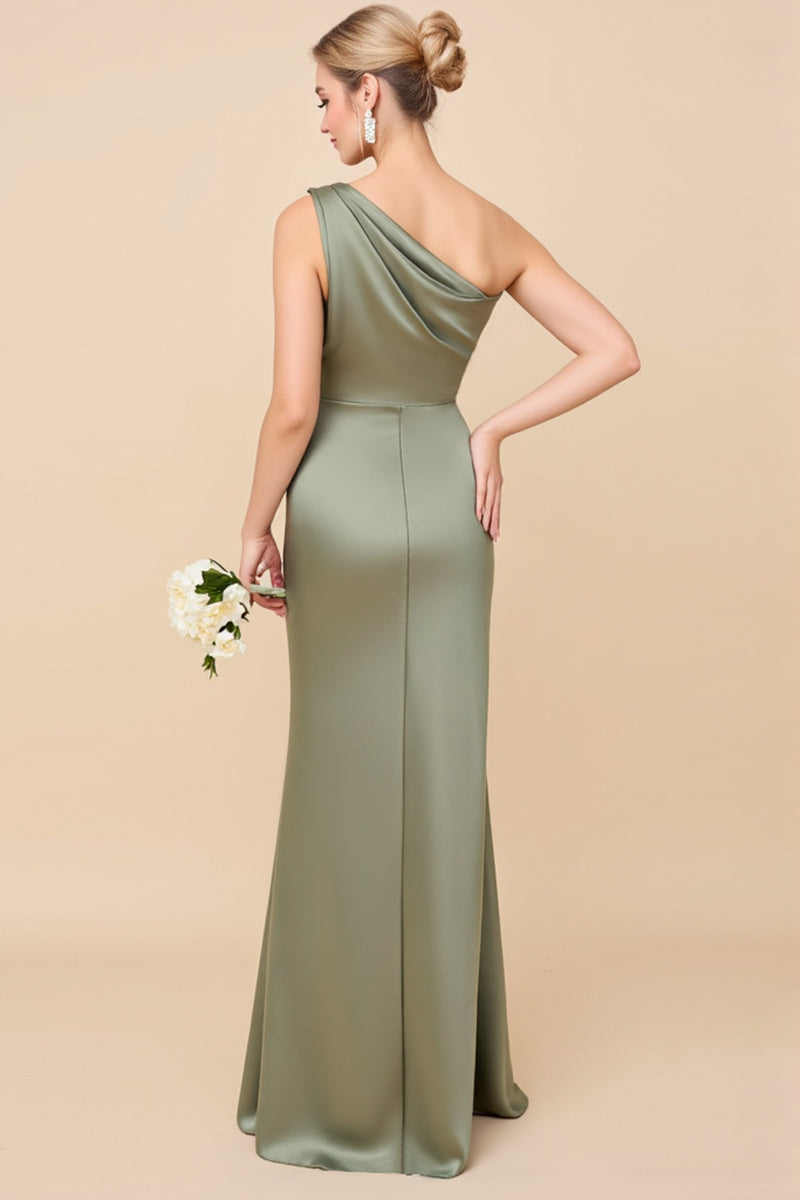 Load image into Gallery viewer, Eucalyptus Sheath Satin Ruched One Shoulder Long Bridesmaid Dress